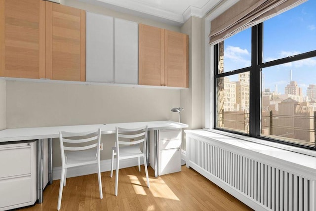 office with a city view, crown molding, radiator, and light wood-style floors