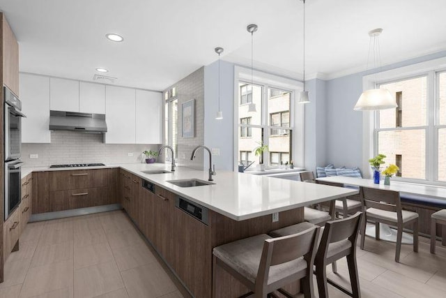 kitchen featuring under cabinet range hood, a breakfast bar area, modern cabinets, and a sink