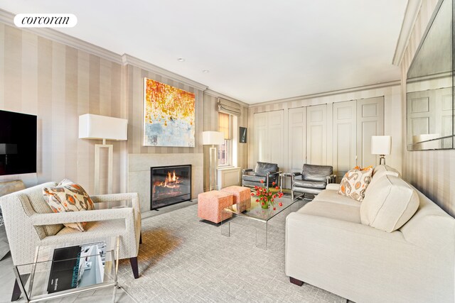 living room with crown molding