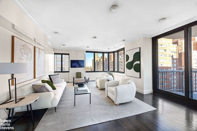 living room with ornamental molding and dark wood-type flooring