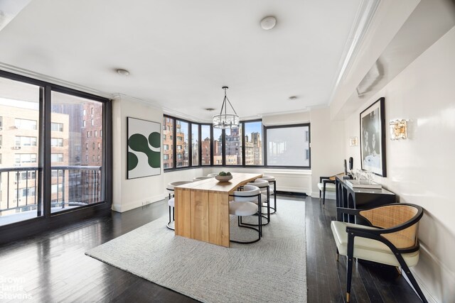 interior space with an inviting chandelier, baseboards, ornamental molding, and dark wood-style flooring