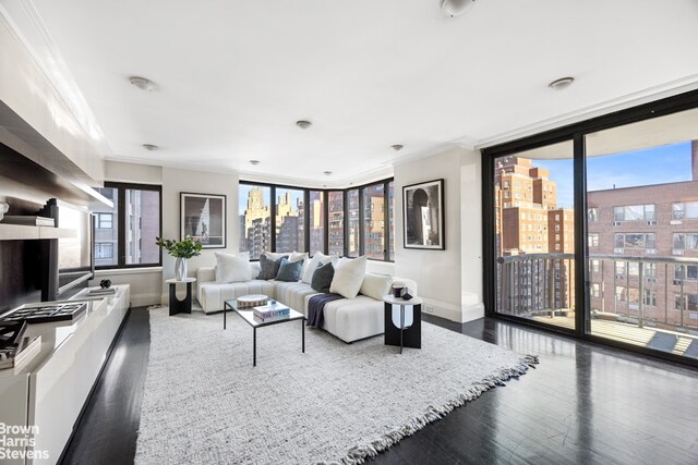 living room featuring a view of city, baseboards, wood finished floors, ornamental molding, and expansive windows