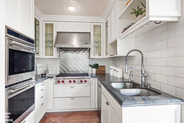 kitchen featuring open shelves, appliances with stainless steel finishes, a sink, extractor fan, and backsplash