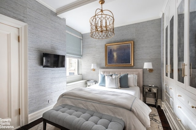 bedroom featuring wallpapered walls, baseboards, and ornamental molding