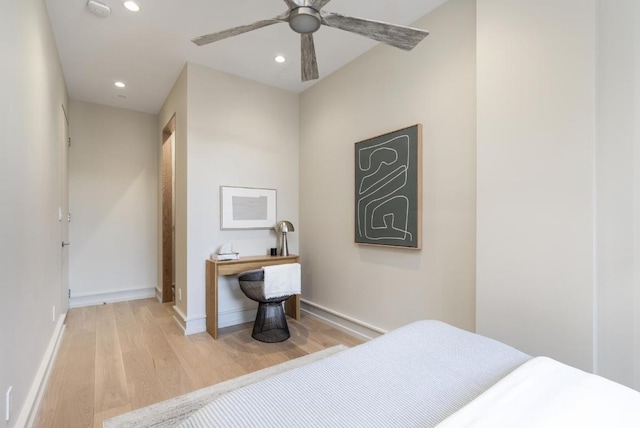 bedroom with baseboards, ceiling fan, light wood finished floors, and recessed lighting