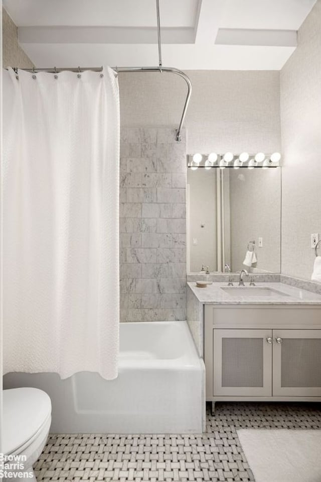 bathroom with vanity, shower / bathtub combination with curtain, tile patterned flooring, and toilet