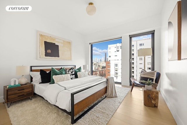 269 4th Ave Unit 803, New York City, NY 11215 - bedroom featuring light wood-style flooring, baseboards, access to exterior, and a city view