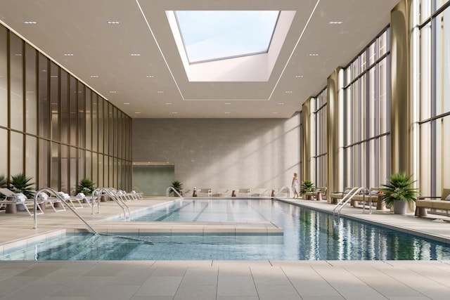 view of pool with a skylight