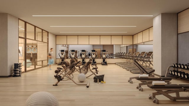 exercise room with expansive windows and light hardwood / wood-style floors