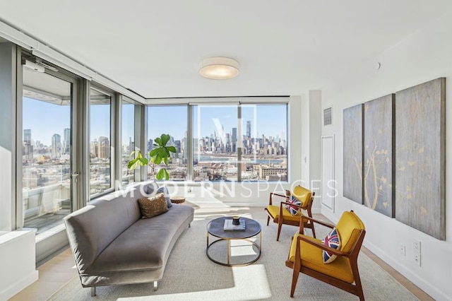 sunroom with a city view