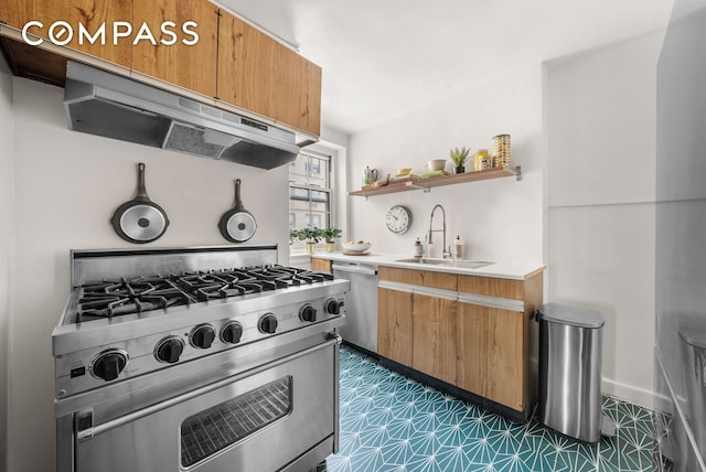 kitchen with a sink, open shelves, under cabinet range hood, stainless steel appliances, and light countertops