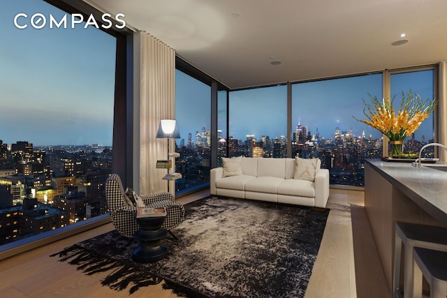 living room featuring a city view, a wall of windows, and wood finished floors