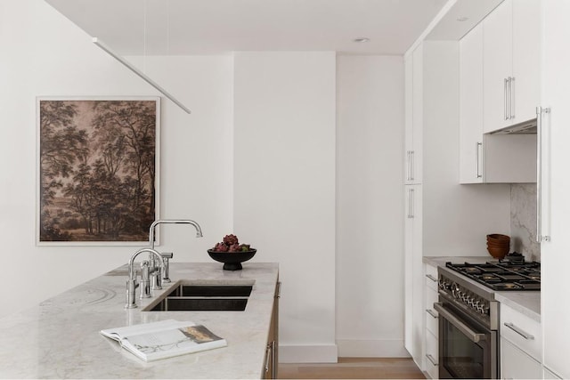 kitchen featuring sink, white cabinetry, light stone counters, stainless steel stove, and decorative backsplash