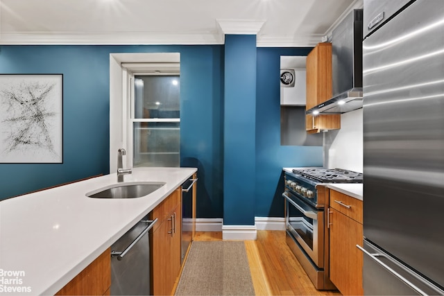 kitchen with wall chimney exhaust hood, sink, crown molding, light hardwood / wood-style flooring, and stainless steel appliances