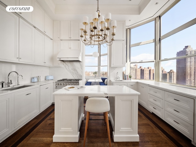 kitchen with light countertops, a center island, a city view, and a sink