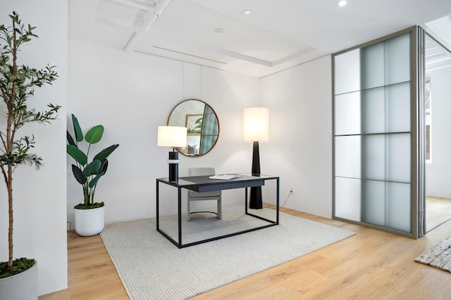 office featuring light wood finished floors and recessed lighting