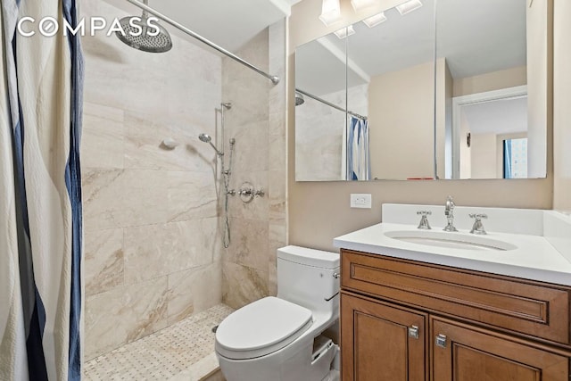 bathroom featuring vanity, toilet, and a shower with shower curtain