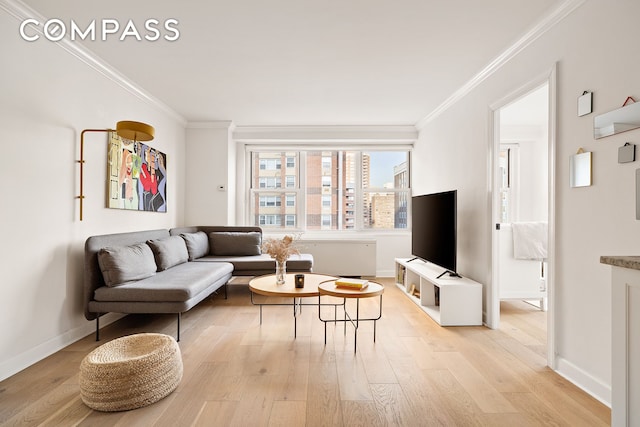 living area featuring crown molding, light wood-style flooring, and baseboards