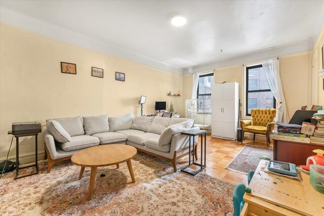 living room with light parquet flooring