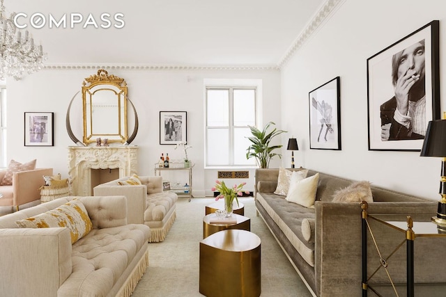 carpeted living room featuring ornamental molding and a high end fireplace