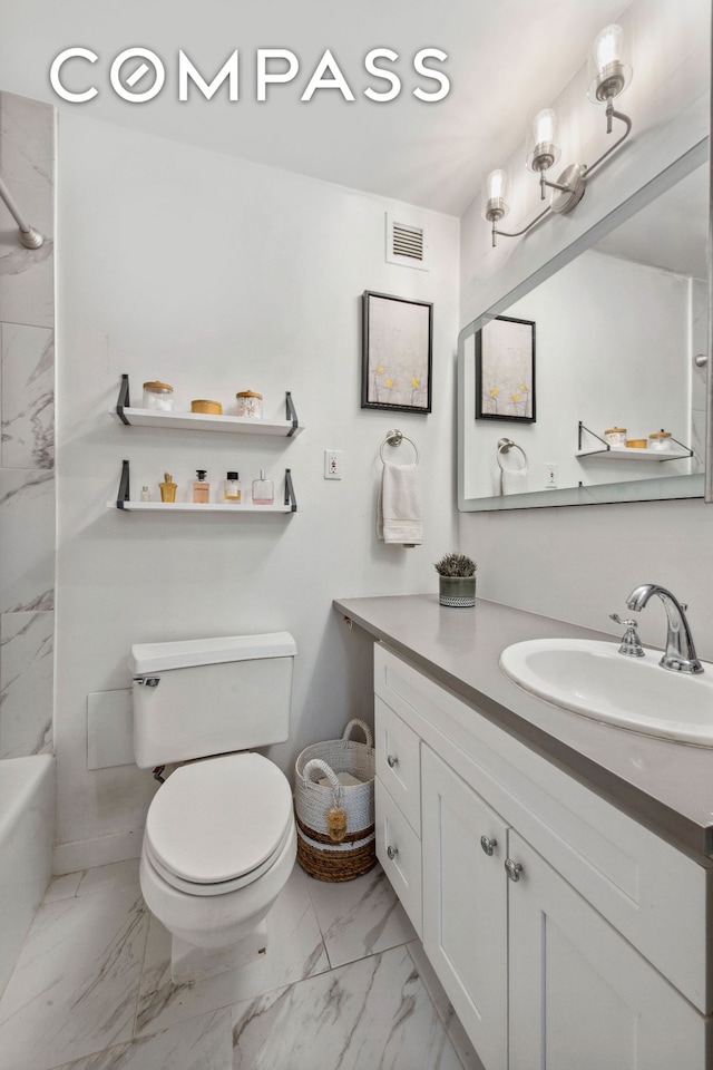 bathroom with visible vents, marble finish floor, toilet, and vanity