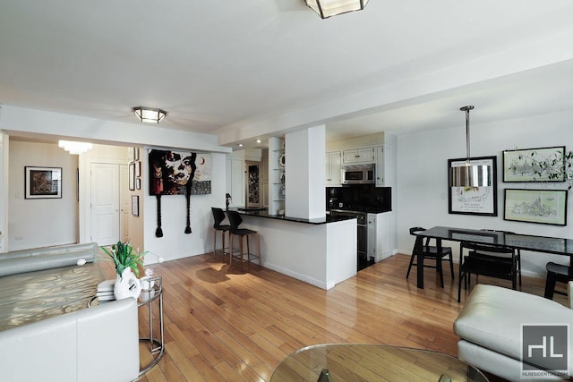 living room with baseboards and light wood finished floors