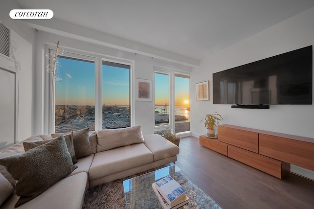 living room featuring wood finished floors and baseboards