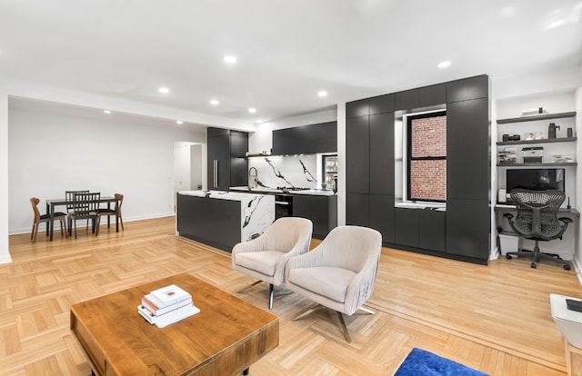 living room featuring light parquet floors