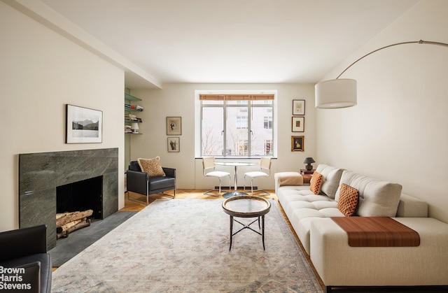 living room with a fireplace