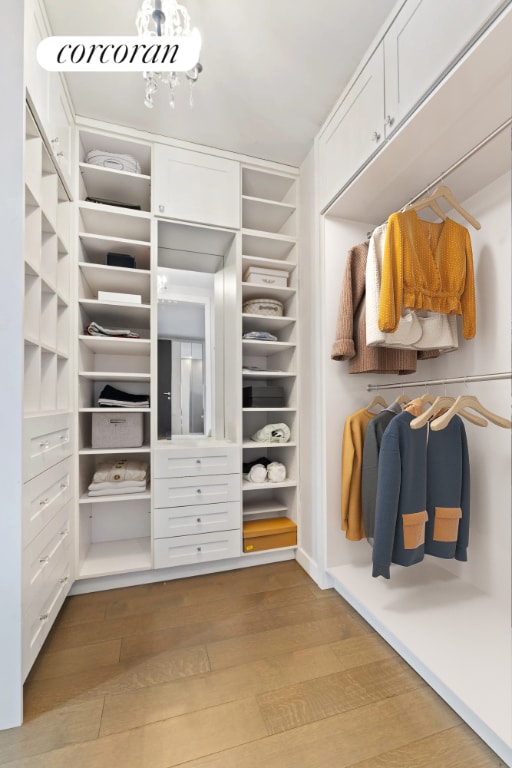 walk in closet with light wood-type flooring