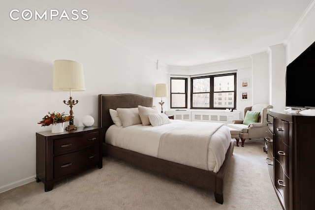 bedroom featuring radiator, baseboards, light colored carpet, and ornamental molding