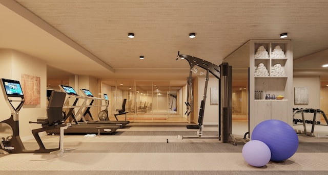 workout area featuring a tray ceiling and carpet