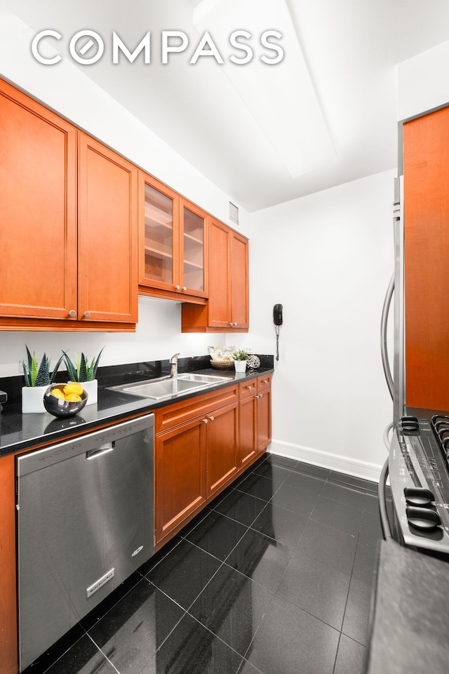 220 Riverside Blvd Unit 15C, New York City, NY 10069 - kitchen with dishwasher, a sink, dark countertops, and glass insert cabinets