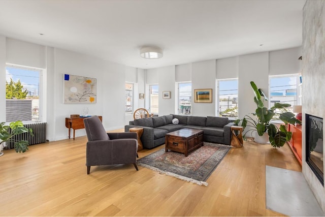 living room with a healthy amount of sunlight, radiator heating unit, and light hardwood / wood-style flooring