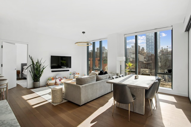 living area featuring wood-type flooring and expansive windows