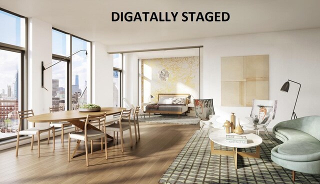 150 Rivington St Unit 5F, New York City, NY 10002 - dining space featuring wood finished floors, a skyline view, and a wall of windows