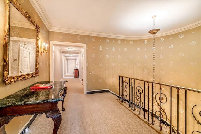 hall featuring crown molding and light carpet