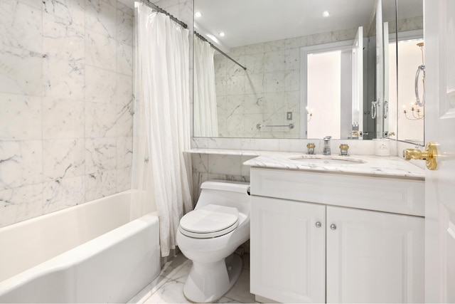 full bath with shower / tub combo, toilet, marble finish floor, vanity, and tile walls