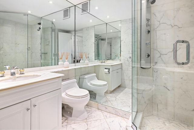 full bath with marble finish floor, visible vents, toilet, and a marble finish shower