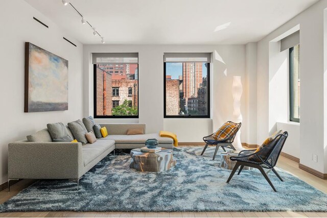 living room featuring track lighting, wood finished floors, and baseboards