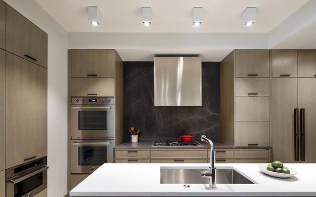 kitchen featuring exhaust hood, a sink, modern cabinets, light countertops, and appliances with stainless steel finishes