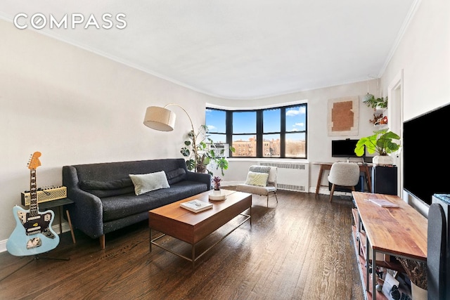 living area with crown molding, baseboards, wood finished floors, and radiator