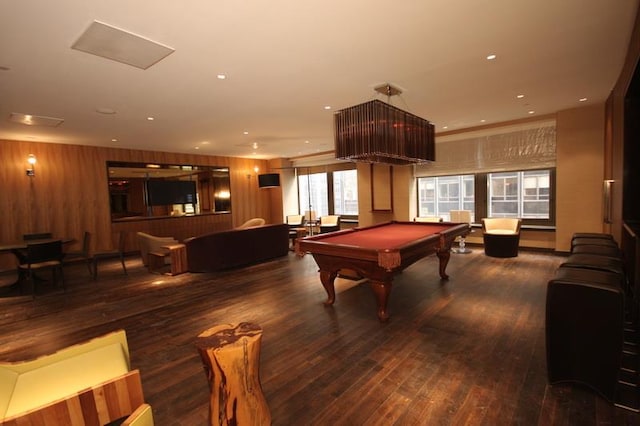 recreation room featuring recessed lighting, wood-type flooring, wood walls, and billiards