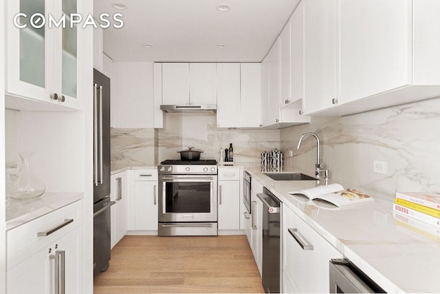 kitchen featuring sink, white cabinets, backsplash, stainless steel appliances, and light wood-type flooring