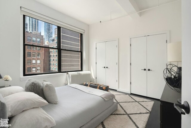 bedroom with radiator and two closets