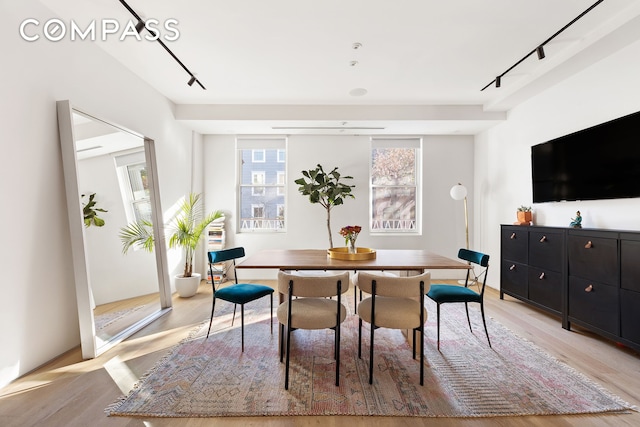 dining space with light wood-style floors and rail lighting