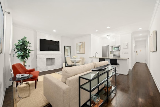 living room featuring dark wood-type flooring, a fireplace, sink, and crown molding