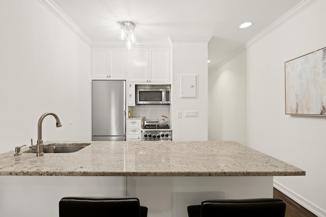 kitchen with light stone counters, stainless steel appliances, a sink, ornamental molding, and backsplash