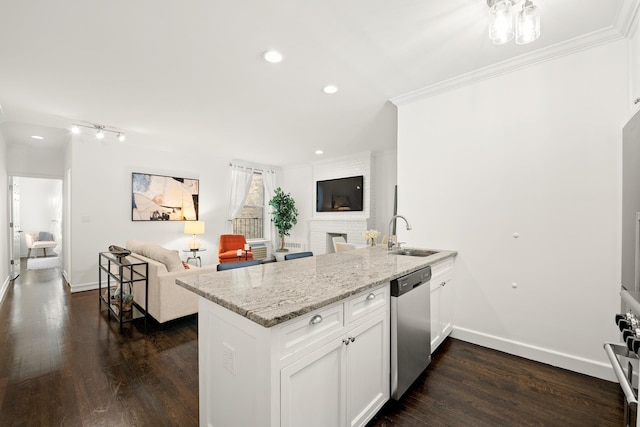 kitchen with a sink, stainless steel dishwasher, open floor plan, a peninsula, and a fireplace