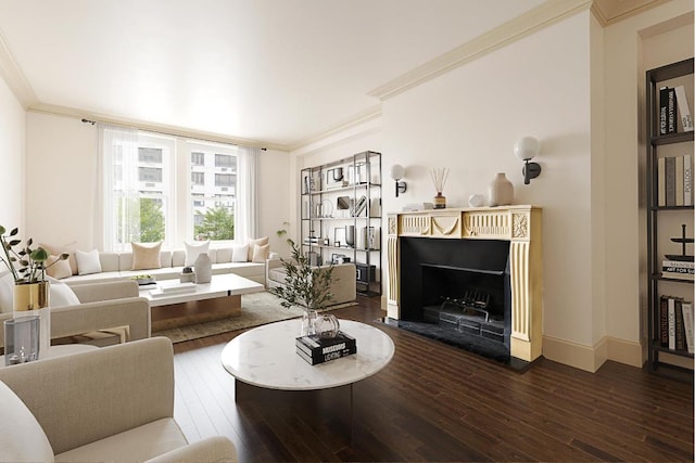 living room with dark hardwood / wood-style flooring and ornamental molding